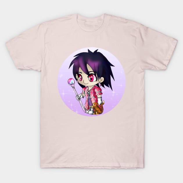 kawaii manga style sorcerer with a ginger cat, in pink, for dnd and fantasy fans T-Shirt by cuisinecat